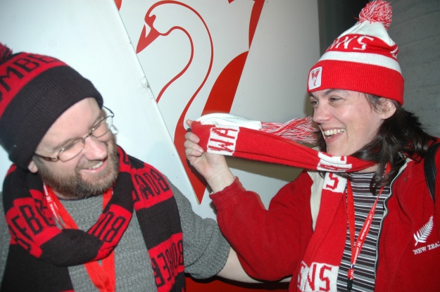 Somewhat friendly banter between opposing supporters at the Swans vs Essenden match July 2007: my husband and I!